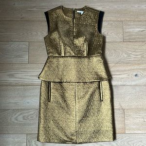 Textured gold Diane Von Furstenberg peplum dress with pockets.